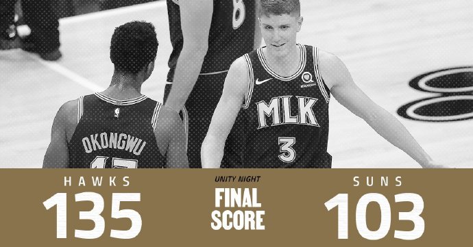 老鹰135-103大胜太阳 特雷-杨16+12 卡佩拉18+10 布克30分