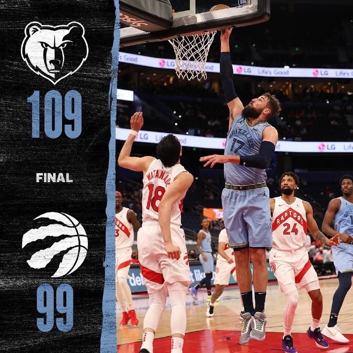 灰熊109-99战胜猛龙 瓦兰18+21 小杰克逊20分