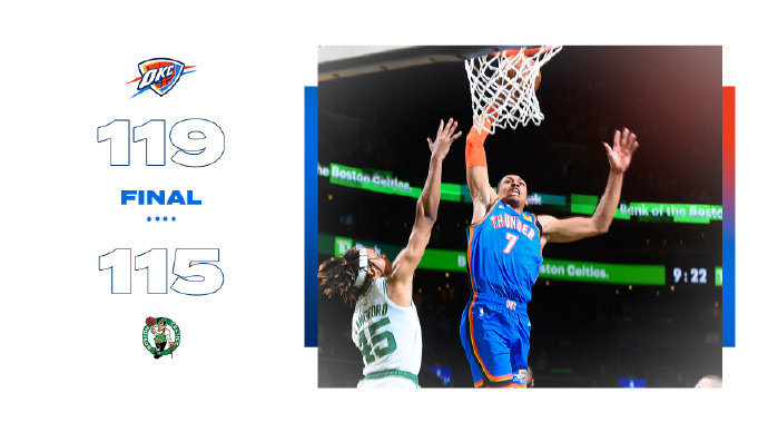 雷霆119-115力克凯尔特人 多特24分 贝兹利21+10 杰伦39+11+4断