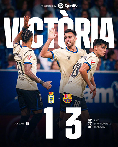 西甲：三连胜到手！巴萨3-1逆转奥维耶多，莱万替补登场建功