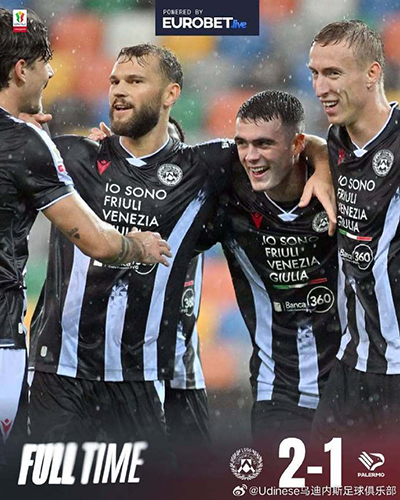 乌迪内斯2-1巴勒莫，伦农-米勒、扎尼奥洛破门  来源：懂球帝 链接为 www.dongqiudi.com 